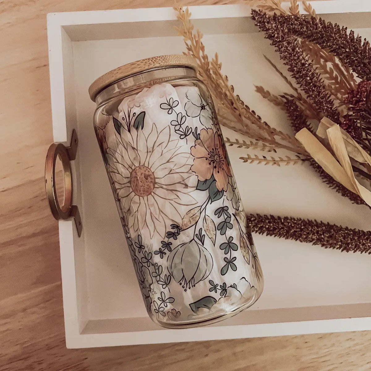 Glass Cup 16 oz with Bamboo Lid and Glass Straw